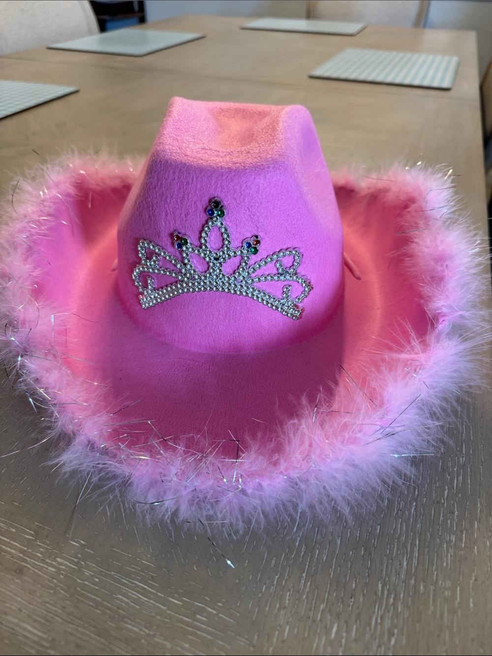 Pink Feather Trim Rhinestone Tiara Cowgirl Hat
